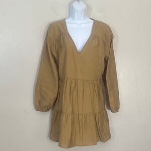 Zara Camel Long Sleeve V-Neck Dress